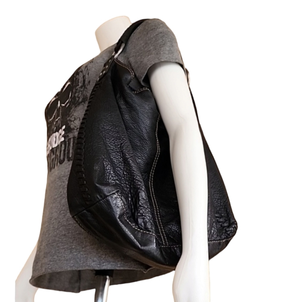 LUCKY BRAND Whipstitch Black Pebbled Leather Hobo Shoulder Bag Studs VINTAGE Y2K - Picture 3 of 16